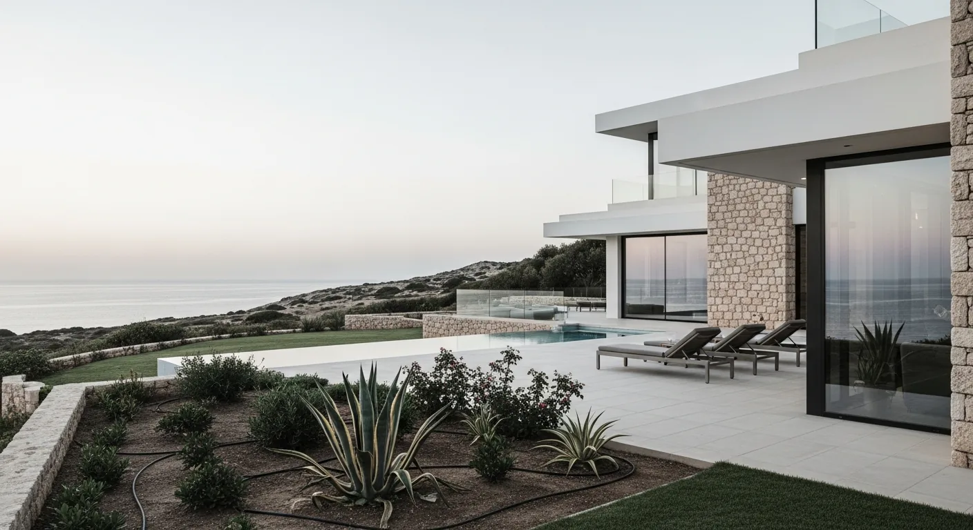 Modern coastal villa with a pool and sea views