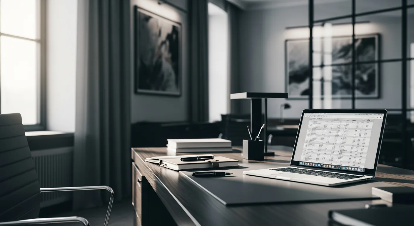 Office desk with a laptop displaying a financial spreadsheet